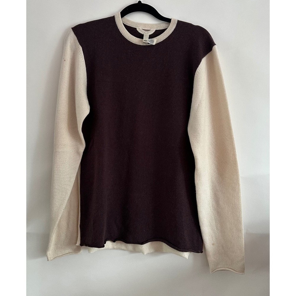 FAL 100% Cashmere Sweater Mens Medium Brown Cream Color Block Crew Neck